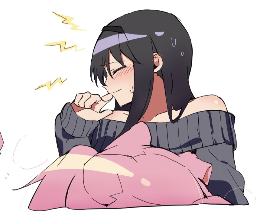 ban45601, akemi homura, kaname madoka, mahou shoujo madoka magica, mahou shoujo madoka magica (anime), 2girls, animal ears, bare shoulders, black hair, black hairband, blush, closed eyes, closed mouth, dog ears, grey sweater, hairband, hand up, kemonomimi mode, long hair, multiple girls, off-shoulder sweater, off shoulder, pink hair, sweat, sweater