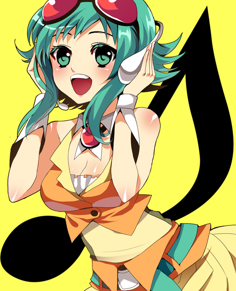 yui tooru, gumi, vocaloid, bad id, bad pixiv id, 1girl, collar, cuffs, detached collar, female focus, goggles, goggles on head, green eyes, green hair, headphones, matching hair/eyes, musical note, open mouth, red-tinted eyewear, short hair, short hair with long locks, skirt, solo, tinted eyewear, wrist cuffs