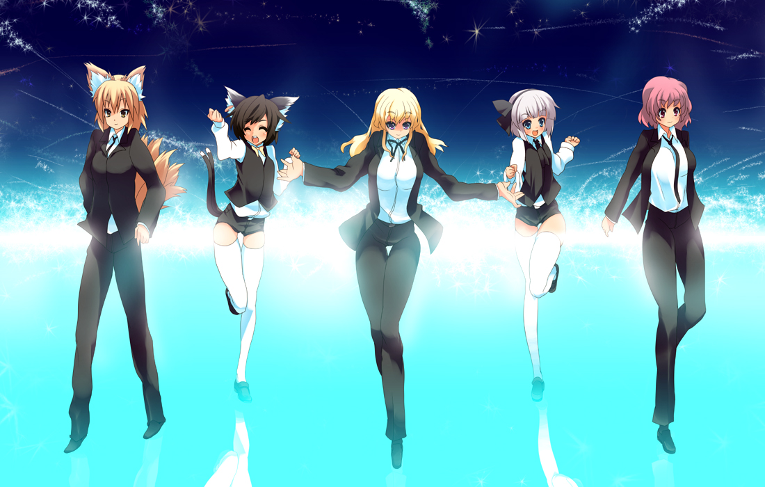 sora to umi, chen, konpaku youmu, saigyouji yuyuko, yakumo ran, yakumo yukari, touhou, 5girls, alternate costume, animal ears, black hair, blonde hair, bow, brown hair, cat ears, cat girl, cat tail, contemporary, earrings, female focus, formal clothes, fox ears, fox tail, jewelry, multiple girls, multiple tails, necktie, pink hair, purple eyes, shoes, shorts, suit, tail, thighhighs, vest, yellow eyes