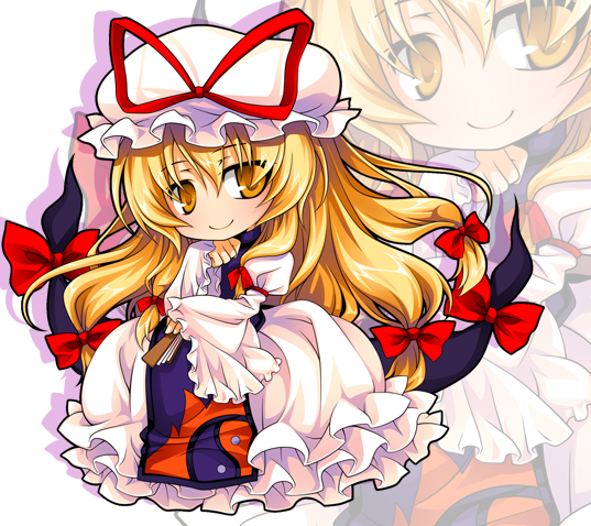reina (black spider), yakumo yukari, touhou, bad id, bad pixiv id, 1girl, blonde hair, chibi, female focus, full body, gap (touhou), hat, long hair, solo, yellow eyes
