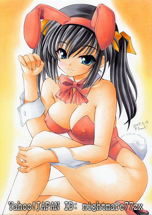 nightmare77zx, original, traditional media, 1girl, animal ears, bare legs, black hair, blue eyes, breasts, cleavage, covered erect nipples, detached collar, fake animal ears, female focus, high heels, large breasts, long hair, playboy bunny, rabbit ears, rabbit tail, sitting, solo, tail, twintails, wrist cuffs