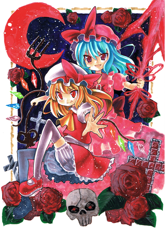 kidanieru, flandre scarlet, remilia scarlet, touhou, acrylic paint (medium), bad id, bad pixiv id, colored pencil (medium), marker (medium), painting (medium), traditional media, 2girls, bat wings, blonde hair, blue hair, female focus, hat, multiple girls, red eyes, short hair, siblings, sisters, wings