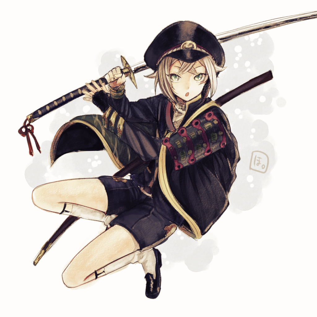 kurodeko, hotarumaru, touken ranbu, commentary request, 1boy, armor, black hat, black shoes, black shorts, crossed bangs, green eyes, grey hair, hat, holding, holding weapon, japanese armor, japanese clothes, legwear garter, male focus, ootachi, open mouth, scabbard, sheath, shoes, shorts, shoulder armor, signature, simple background, socks, sode, solo, sword, weapon, white socks