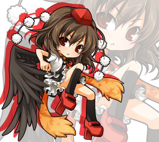 reina (black spider), shameimaru aya, touhou, bad id, bad pixiv id, 1girl, :<, black wings, blush, brown eyes, chibi, female focus, geta, hat, looking at viewer, red eyes, serious, short hair, solo, tengu-geta, tokin hat, wings