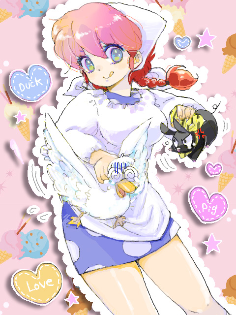 hoshino lala, hibiki ryouga, mousse (duck) (ranma 1/2), mousse (ranma 1/2), muumuu-chan, p-chan, ranma-chan, saotome ranma, ranma 1/2, 1girl, :p, :q, bird, blue eyes, braid, duck, genderswap, genderswap (mtf), headscarf, red hair, single braid, tears, tongue, tongue out, white headscarf