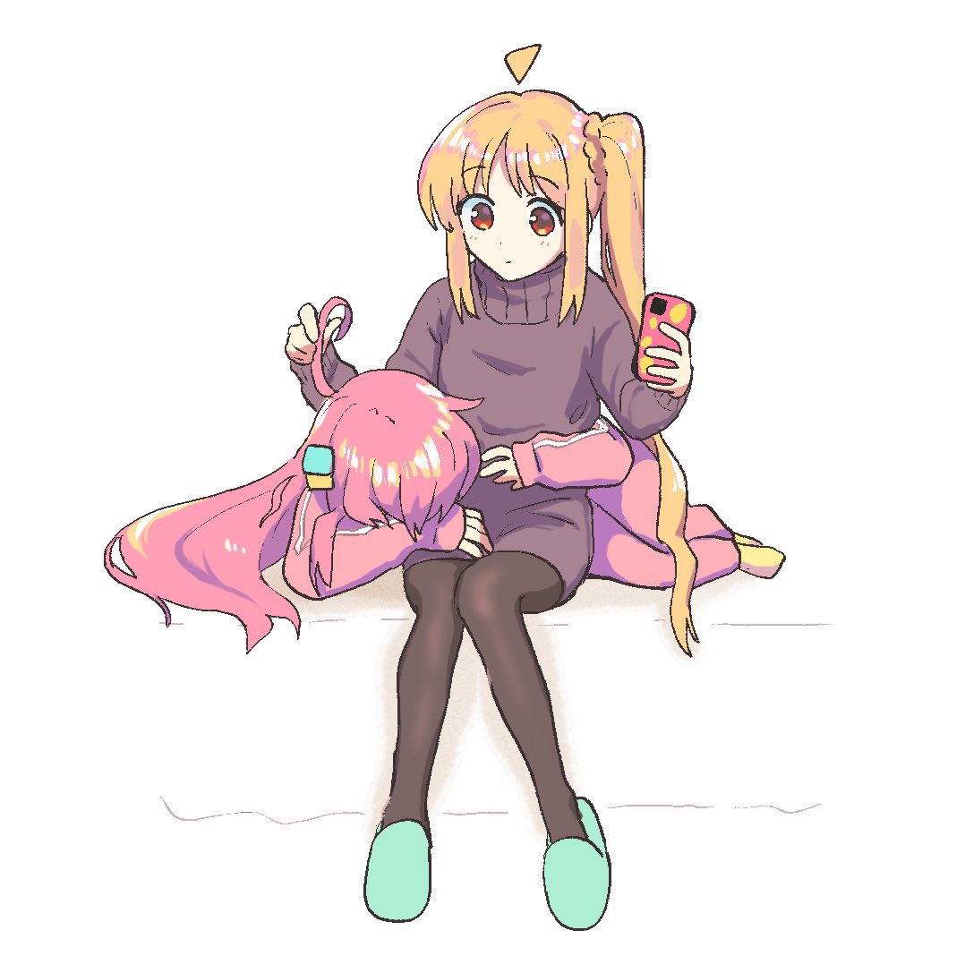 totobe, gotoh hitori, ijichi nijika, bocchi the rock!, commentary request, 2girls, ahoge, alternate costume, black pantyhose, blonde hair, cellphone, choppy bangs, closed mouth, cube hair ornament, cuddling, dot nose, dress, green slippers, hair ornament, holding, holding another's hair, holding phone, jacket, long hair, long sleeves, looking at another, lying, multiple girls, no shoes, pants, pantyhose, phone, pink hair, pink jacket, purple pants, purple sweater, red eyes, side ponytail, sitting, slippers, smartphone, sweater, sweater dress, track jacket, very long hair, yuri