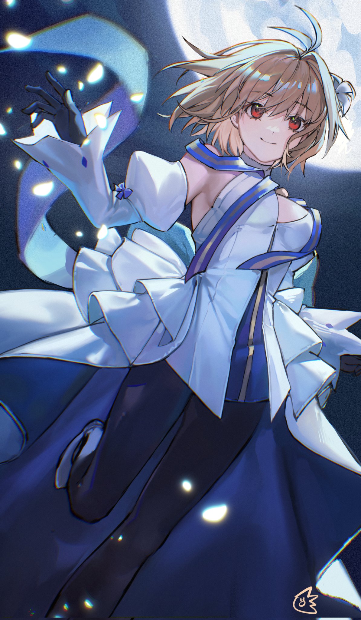 jiajiayu, arcueid brunestud, arcueid brunestud (mooncancer), fate/grand order, fate (series), hashtag-only commentary, highres, 1girl, ahoge, arms at sides, bare shoulders, black gloves, black pantyhose, blue ribbon, breasts, cleavage, detached sleeves, dress, falling petals, floating clothes, floating hair, flower, gloves, gold trim, hair between eyes, hair flower, hair intakes, hair ornament, jumping, looking at viewer, moon, night, pantyhose, petals, ribbon, smile, solo, standing, standing on one leg, wavy hair, white dress