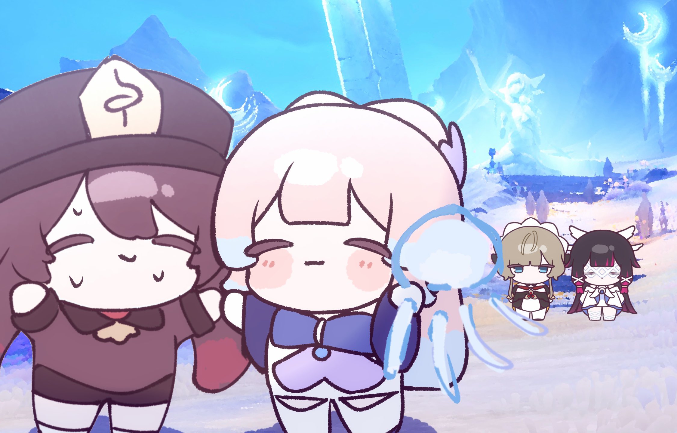 mikurumikurumi, columbina (genshin impact), hu tao (genshin impact), sandrone (genshin impact), sangonomiya kokomi, genshin impact, commentary, highres, symbol-only commentary, 4girls, bead bracelet, beads, black hat, blue horns, blunt bangs, bow-shaped hair, bracelet, bubble, chinese clothes, choker, coattails, colored tips, flower, frilled sleeves, frills, ghost pose, gloves, gradient hair, half gloves, hat, horns, jewelry, lace-trimmed choker, lace trim, multicolored hair, multiple girls, pink hair, porkpie hat, ring, shorts, tailcoat, vision (genshin impact), white gloves, white shorts