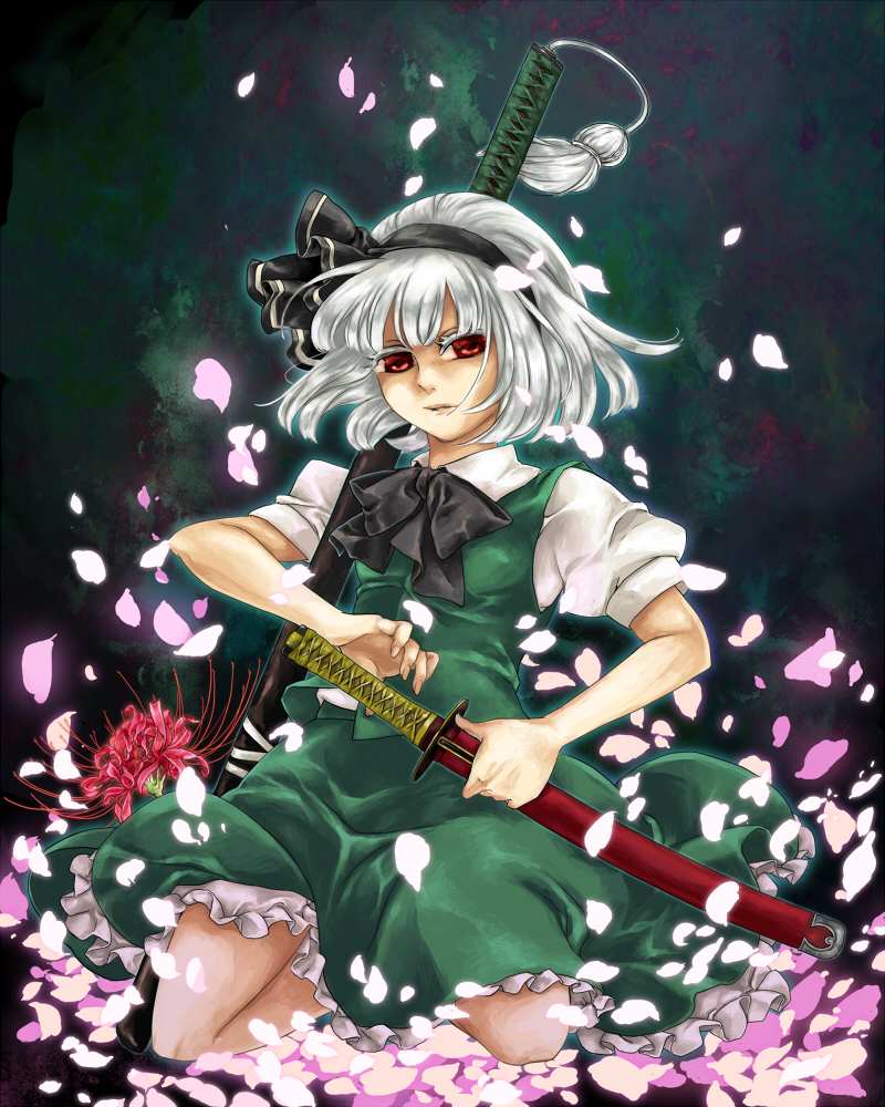 klrw, konpaku youmu, touhou, silver hair, bad id, bad pixiv id, 1girl, female focus, flower, full body, gradient background, hairband, katana, petals, plant, red eyes, short hair, skirt, solo, sword, weapon