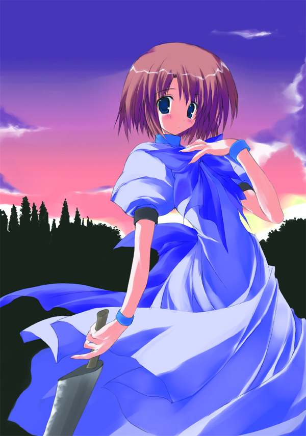 tsukinon, ryuuguu rena, higurashi no naku koro ni, bad id, bad pixiv id, 00s, 1girl, billhook, blue eyes, brown hair, dress, female focus, hatchet, nata (tool), short hair, solo, sunset, wristband