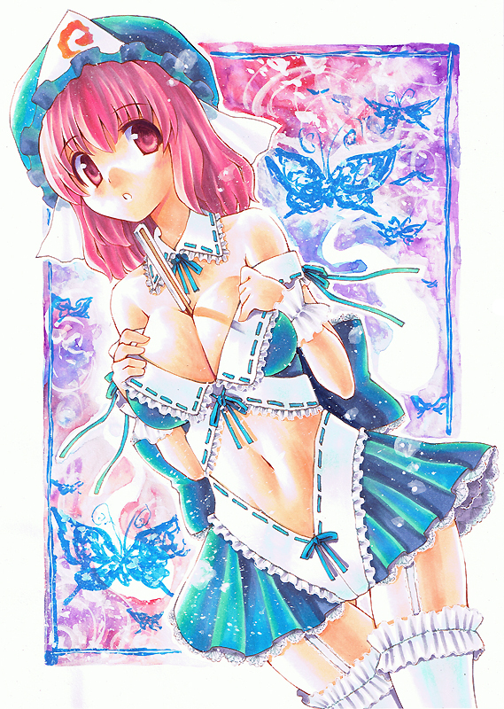 kidanieru, saigyouji yuyuko, touhou, acrylic paint (medium), bad id, bad pixiv id, colored pencil (medium), marker (medium), painting (medium), traditional media, 1girl, adapted costume, between breasts, breasts, female focus, frilled thighhighs, frills, garter straps, gohei, hat, large breasts, navel, pink eyes, pink hair, revealing clothes, short hair, solo, thighhighs