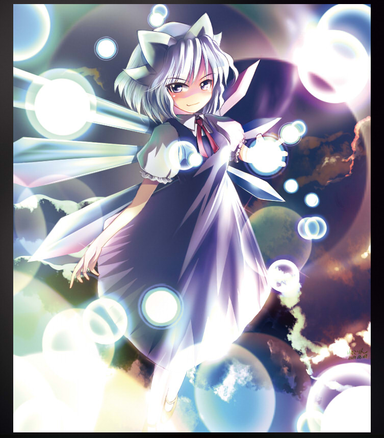 nekorin, cirno, touhou, bad id, bad pixiv id, blue eyes, blue hair, short hair, solo, wings