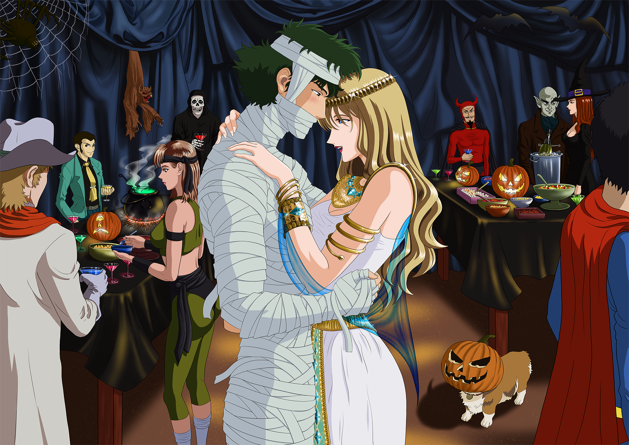 nekro-comix, julia (cowboy bebop), spike spiegel, cowboy bebop, blonde hair, blue eyes, brown eyes, couple, curly hair, green eyes, hug