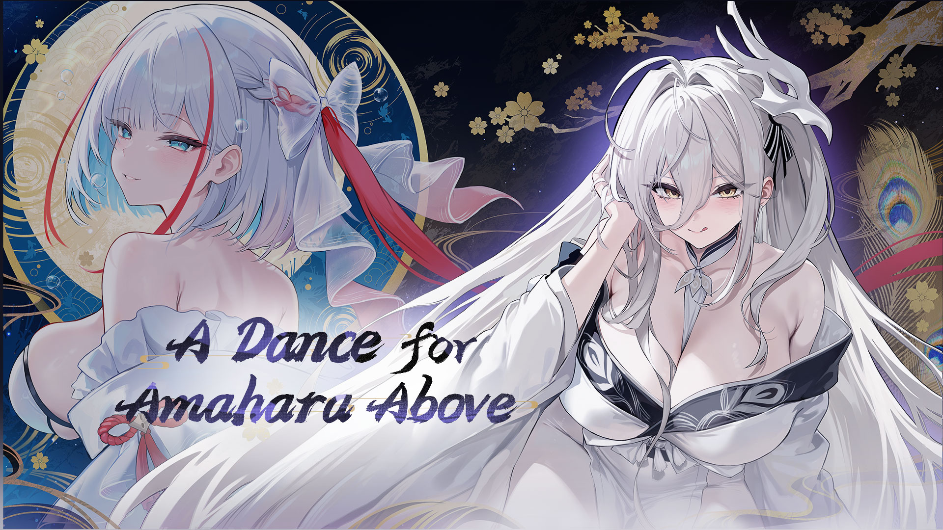 hakuhou (azur lane), i-404 (azur lane), azur lane, artist request, commentary, english commentary, highres, official art, 2girls, bird mask, blue eyes, bow, breasts, cherry blossoms, cleavage, english text, feathers, hair bow, hair intakes, japanese clothes, kimono, large breasts, long bangs, mask, mask on head, multicolored hair, multiple girls, peacock feathers, red streaks, smile, streaked hair, tongue, tongue out, tree, upper body, white hair, white kimono, yellow eyes