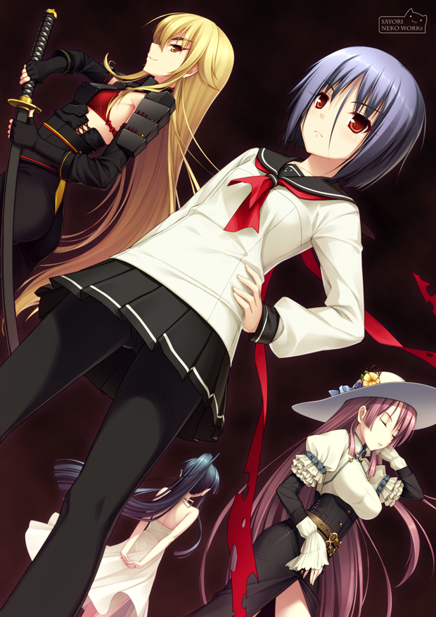 sayori (neko works), ashikaga chachamaru, ayane ichijou, minato hikaru, ootori kanae, ootori kanae (soukou akki muramasa), soukou akki muramasa, bad id, bad pixiv id, 4girls, adjusting hair, armor, arms behind back, ass, belt, bikini, bikini top only, black hair, blonde hair, blue eyes, dress, dutch angle, fingerless gloves, flat chest, frills, frown, gathers, gloves, hand on own hip, hat, hip focus, japanese armor, katana, long hair, multiple girls, own hands clasped, own hands together, panties, panties under pantyhose, pantyhose, pink hair, pleated skirt, ponytail, red eyes, ribbon, school uniform, serafuku, serious, sheath, short hair, shoulder armor, side slit, skirt, smile, sode, swimsuit, sword, underwear, upskirt, very long hair, weapon