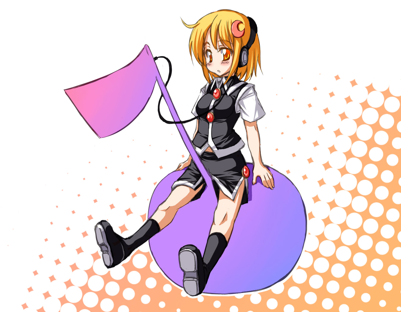 hirase yuu, lunasa prismriver, touhou, 1girl, blonde hair, female focus, full body, headphones, musical note, short hair, sitting, solo, white background, yellow eyes