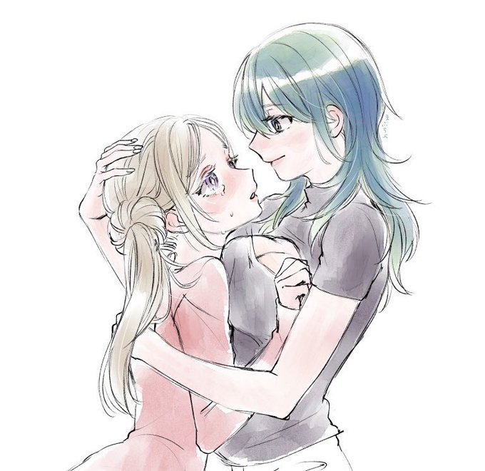 yudepan (yuri no sugata), edelgard von hresvelg, female byleth (fire emblem), fire emblem, fire emblem: three houses, nintendo, commentary request, 2girls, aqua eyes, black shirt, blonde hair, blush, breasts, cleavage, cleavage cutout, closed mouth, clothing cutout, couple, crying, crying with eyes open, eye contact, hand on another's back, hand on another's head, height difference, hug, large breasts, long hair, long sleeves, looking at another, multiple girls, parted lips, pink shirt, shirt, short sleeves, smile, swimsuit, tearing up, tears, white background, yuri