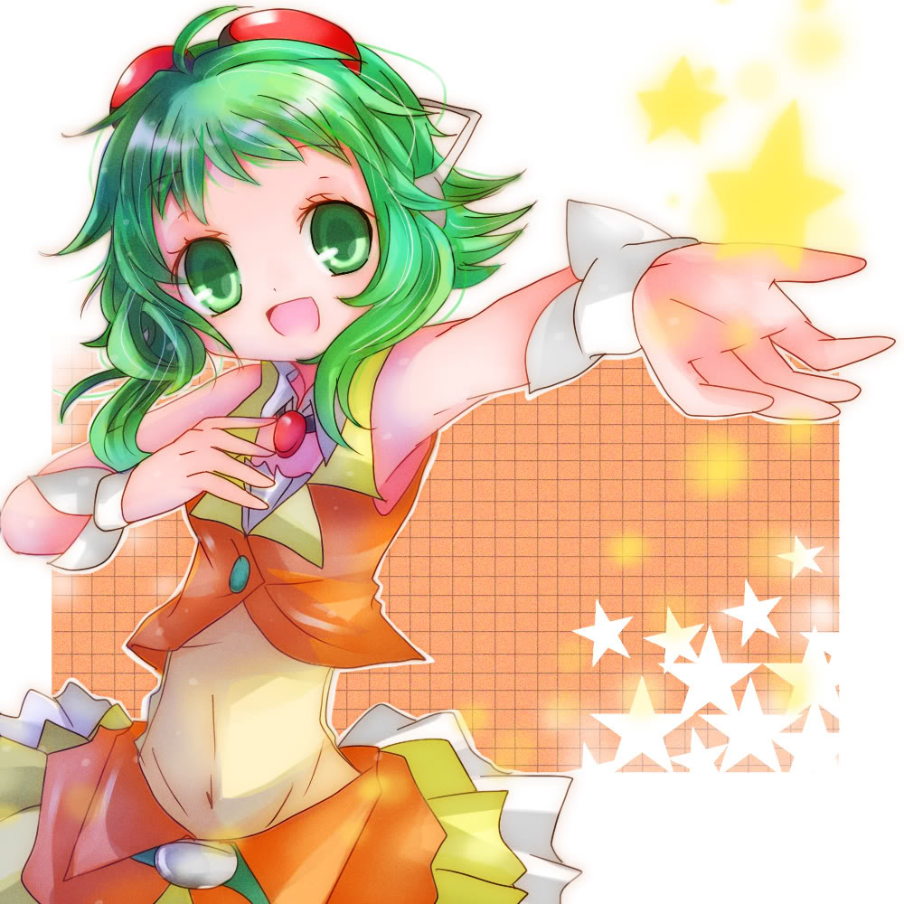 efu, gumi, vocaloid, bad id, bad pixiv id, 1girl, collar, cuffs, detached collar, female focus, goggles, goggles on head, green eyes, green hair, headphones, matching hair/eyes, short hair, skirt, smile, solo, star (symbol), wrist cuffs
