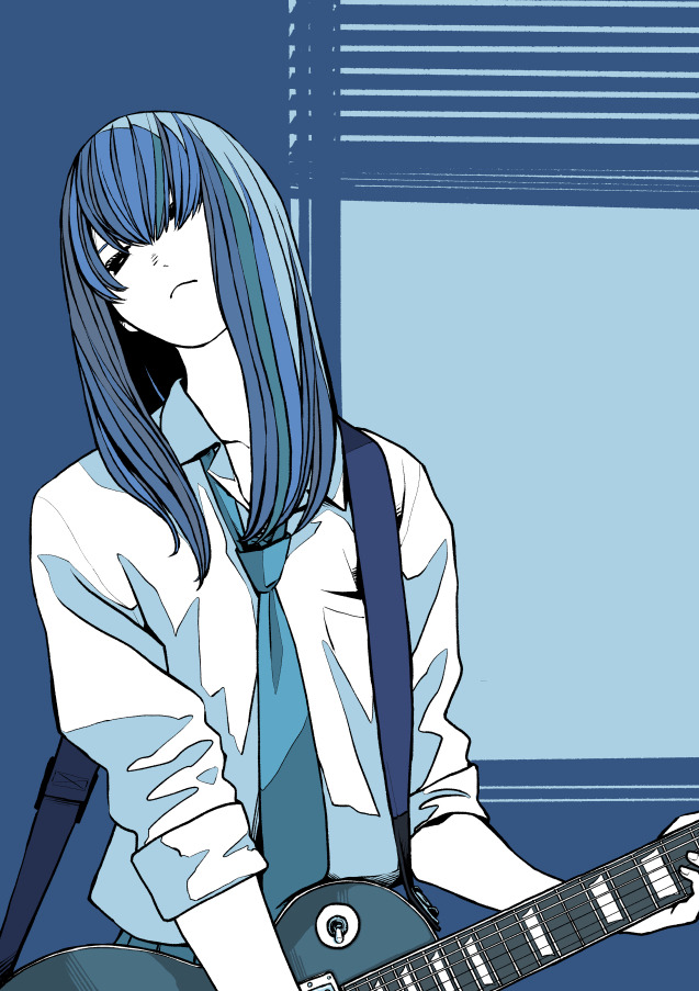 tanaka hirotaka, original, commentary request, 1girl, blue theme, closed mouth, collared shirt, guitar, guitar strap, hair between eyes, hair over one eye, holding, holding instrument, instrument, long hair, looking at viewer, monochrome, necktie, shirt, skirt, solo, window, window blinds