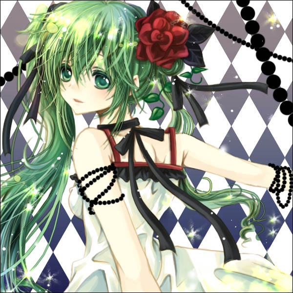 rabishia, hatsune miku, vocaloid, bad id, bad pixiv id, 1girl, dress, female focus, flower, green eyes, green hair, hair flower, hair ornament, hair ribbon, long hair, matching hair/eyes, ribbon, solo, twintails