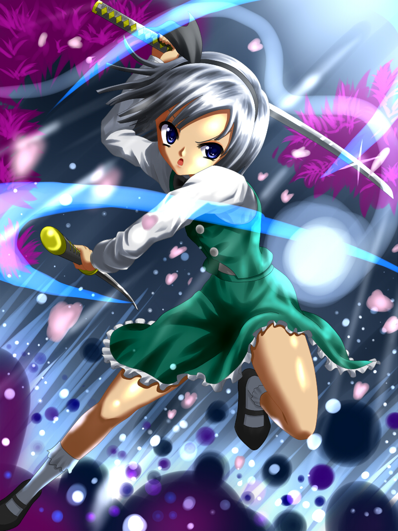 yamakamu, konpaku youmu, konpaku youmu (ghost), touhou, silver hair, bad id, bad pixiv id, 1girl, blue eyes, female focus, ghost, hairband, hitodama, katana, short hair, solo, sword, weapon