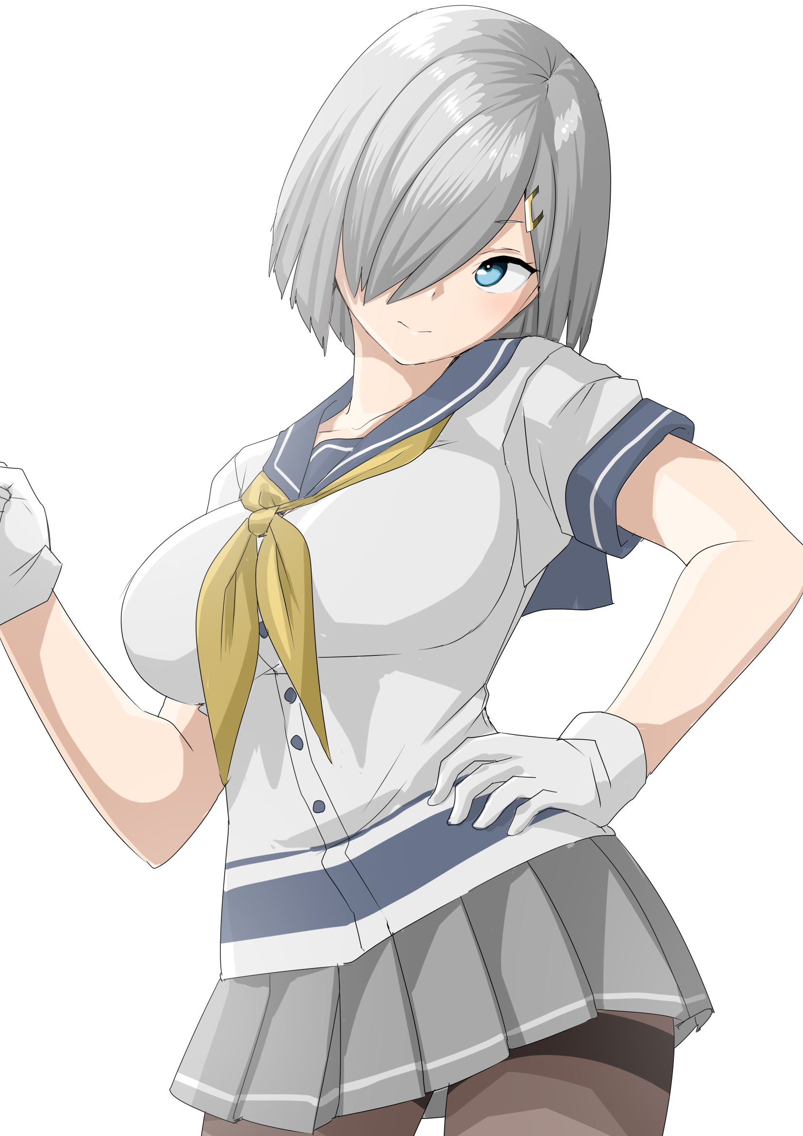 30-06, hamakaze (kancolle), kantai collection, commentary request, highres, 1girl, black pantyhose, blue eyes, blush, breasts, gloves, grey hair, grey sailor collar, grey skirt, hair ornament, hair over one eye, hairclip, large breasts, looking at viewer, neckerchief, pantyhose, pleated skirt, sailor collar, school uniform, serafuku, short hair, short sleeves, skirt, solo, thighband pantyhose, white background, white gloves, yellow neckerchief