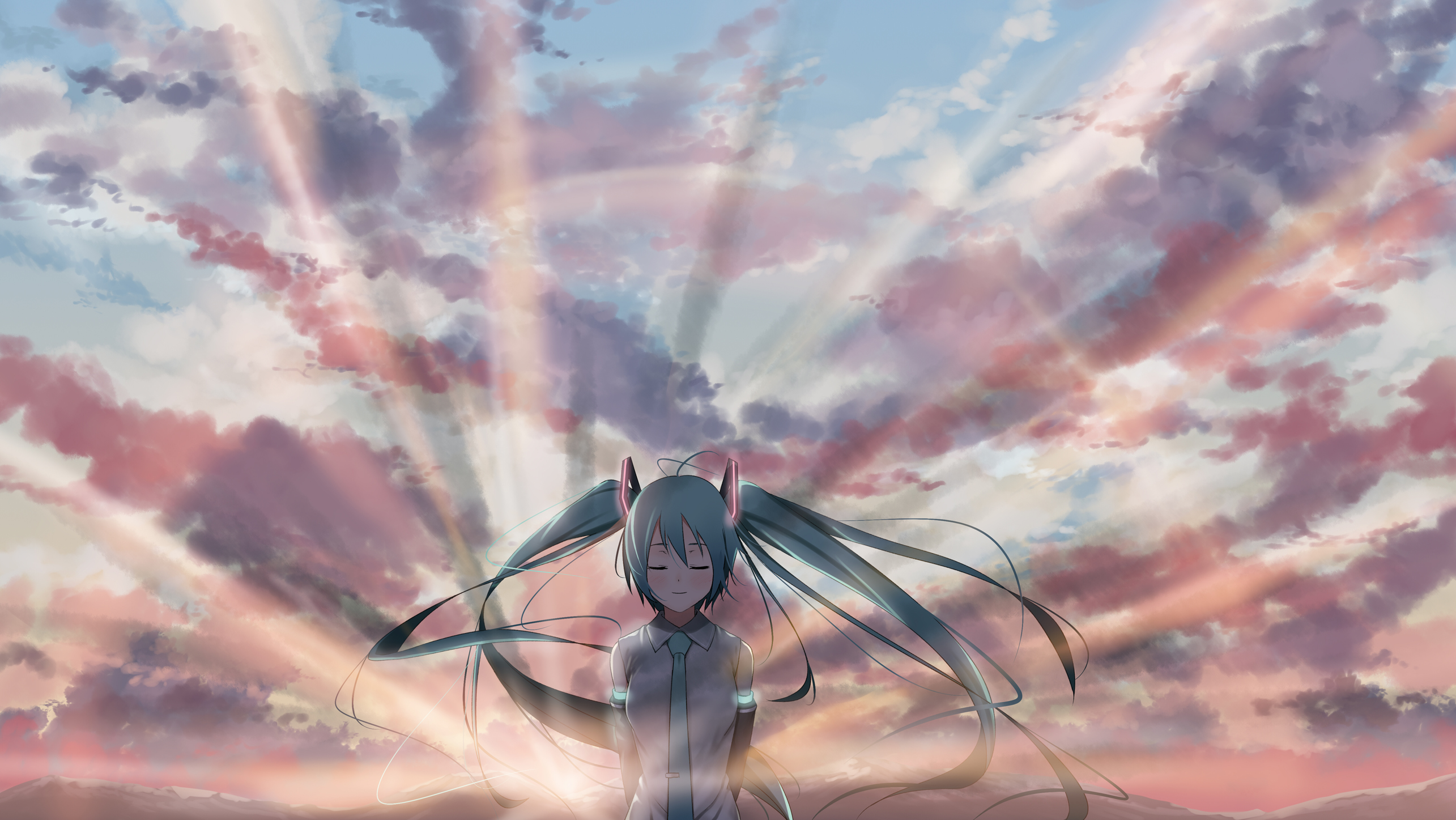 nagareboshi, hatsune miku, vocaloid, highres, 1girl, aqua hair, closed eyes, cloud, detached sleeves, female focus, long hair, necktie, outdoors, sky, smile, solo, sunrise, sunset, twintails, very long hair
