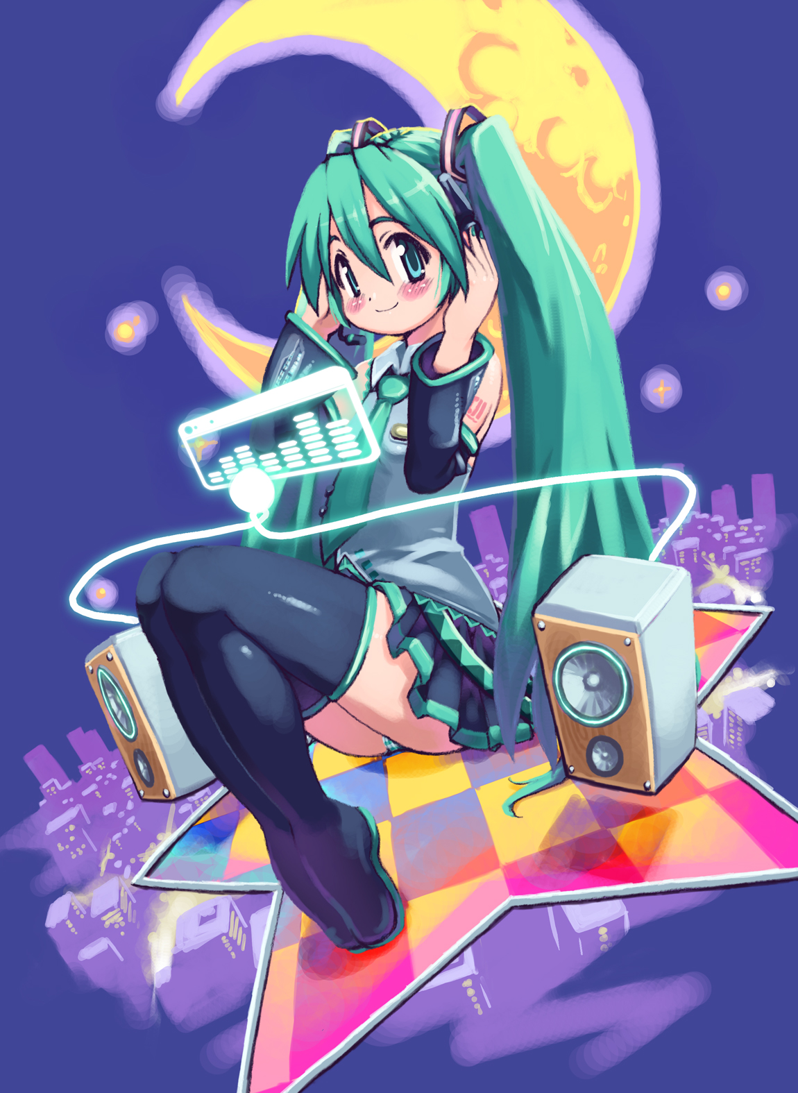 yu 3, hatsune miku, project diva, project diva (series), vocaloid, highres, 1girl, aqua hair, blush, crescent moon, female focus, full body, legs, long hair, moon, outdoors, sitting, sky, solo, speaker, star (symbol), thighhighs, very long hair, zettai ryouiki