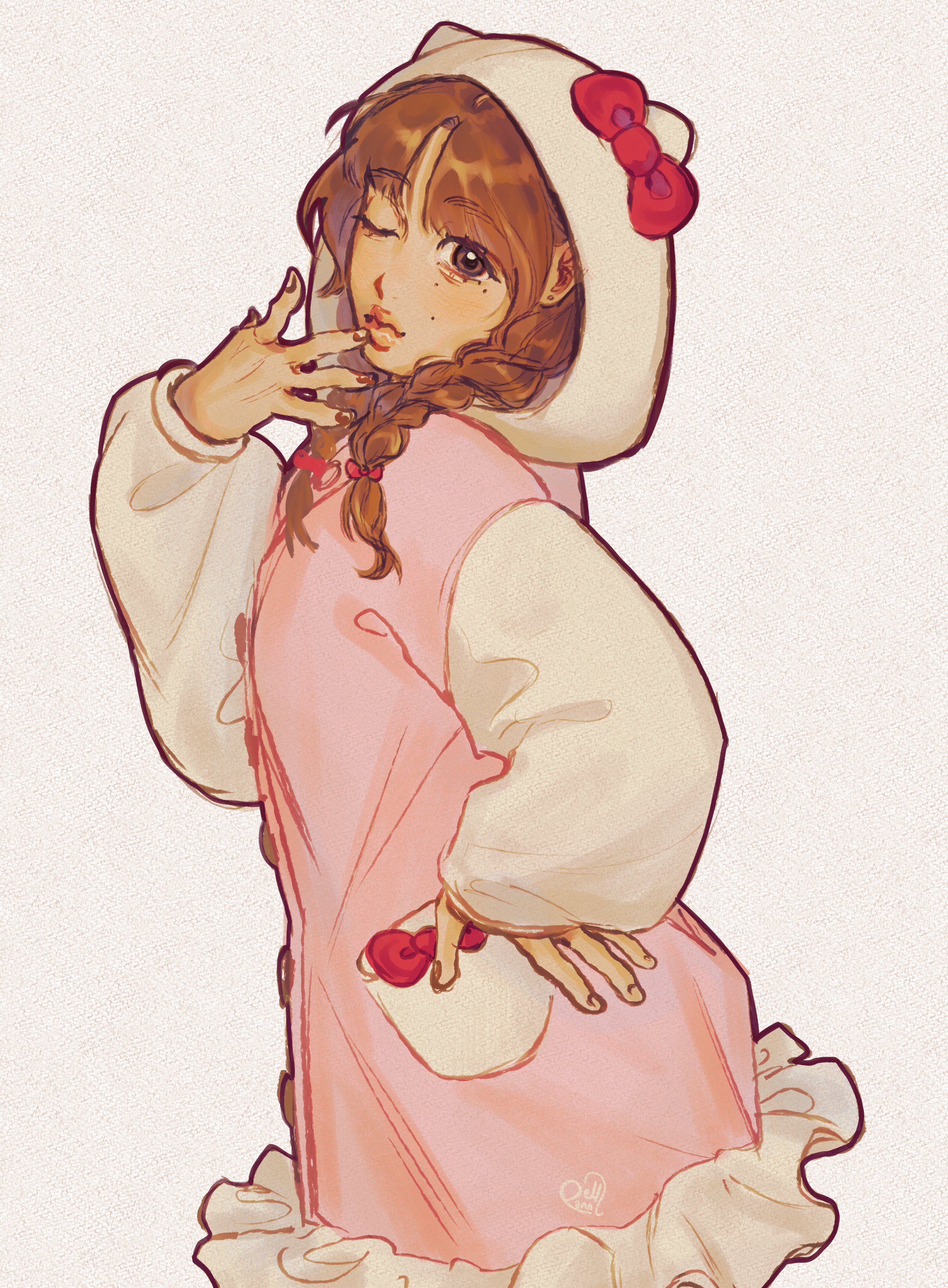 absurdres, commentary, english commentary, highres, 1girl, aegyo sal, animal hood, bow, braid, brown nails, cat hood, contrapposto, cowboy shot, earrings, from side, genderswap, haechan, hair bow, hand on own hip, hood, hooded coat, jewelry, lips, looking at viewer, low twin braids, mole, mole under eye, multiple moles, nct (band), one eye closed, panneul, signature, sleeves past wrists, solo, stud earrings, twin braids