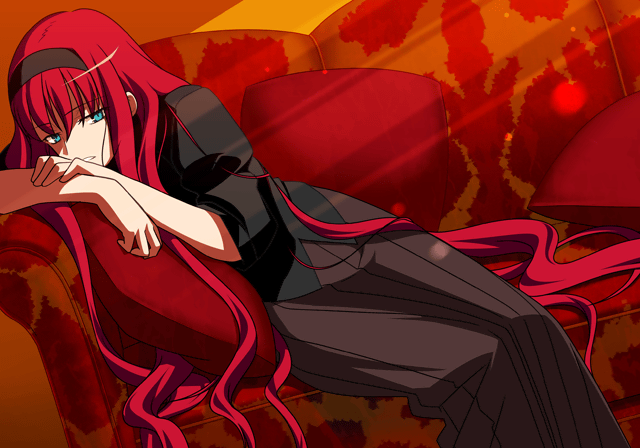 takeuchi takashi, tohno akiha, toono akiha, vermillion akiha, melty blood, tsukihime, game cg, official art, 00s, 1girl, blue eyes, couch, female focus, hairband, long hair, red hair, red theme, solo