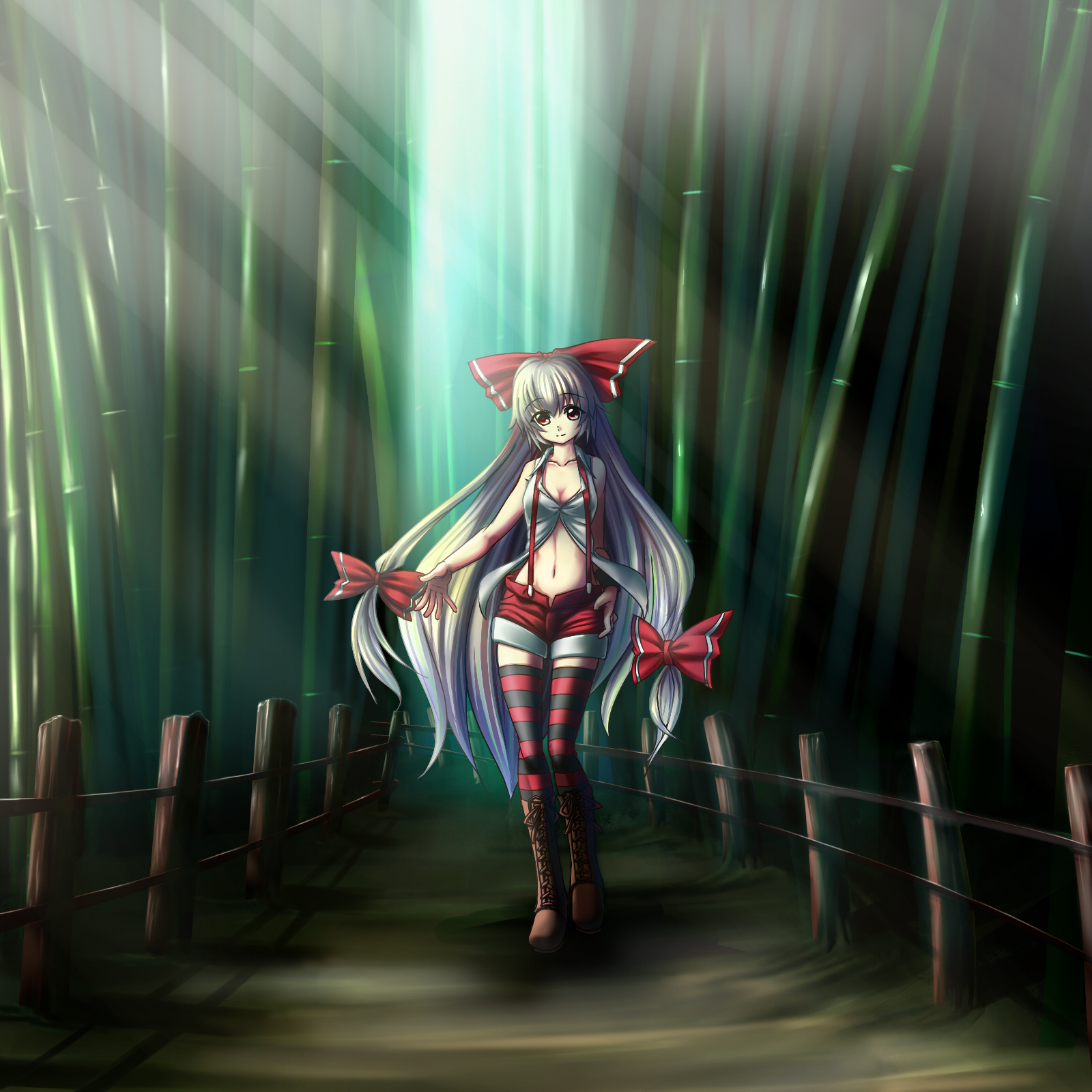 fukkatsu no sorono, sorono wa soro, fujiwara no mokou, touhou, silver hair, bad id, bad pixiv id, highres, 1girl, alternate costume, bamboo, bamboo forest, bow, breasts, cleavage, female focus, forest, hair ribbon, long hair, medium breasts, midriff, nature, red eyes, red thighhighs, ribbon, shorts, solo, striped clothes, striped thighhighs, suspenders, thighhighs, very long hair