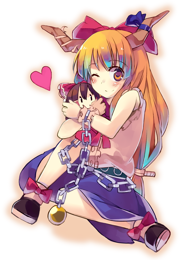 kimino tomonari, hakurei reimu, ibuki suika, touhou, bad id, bad pixiv id, 1girl, blush, brown eyes, brown hair, chain, character doll, doll, female focus, heart, horns, long hair, matching hair/eyes, one eye closed, orange eyes, orange hair, ribbon, smile, solo, stuffed toy