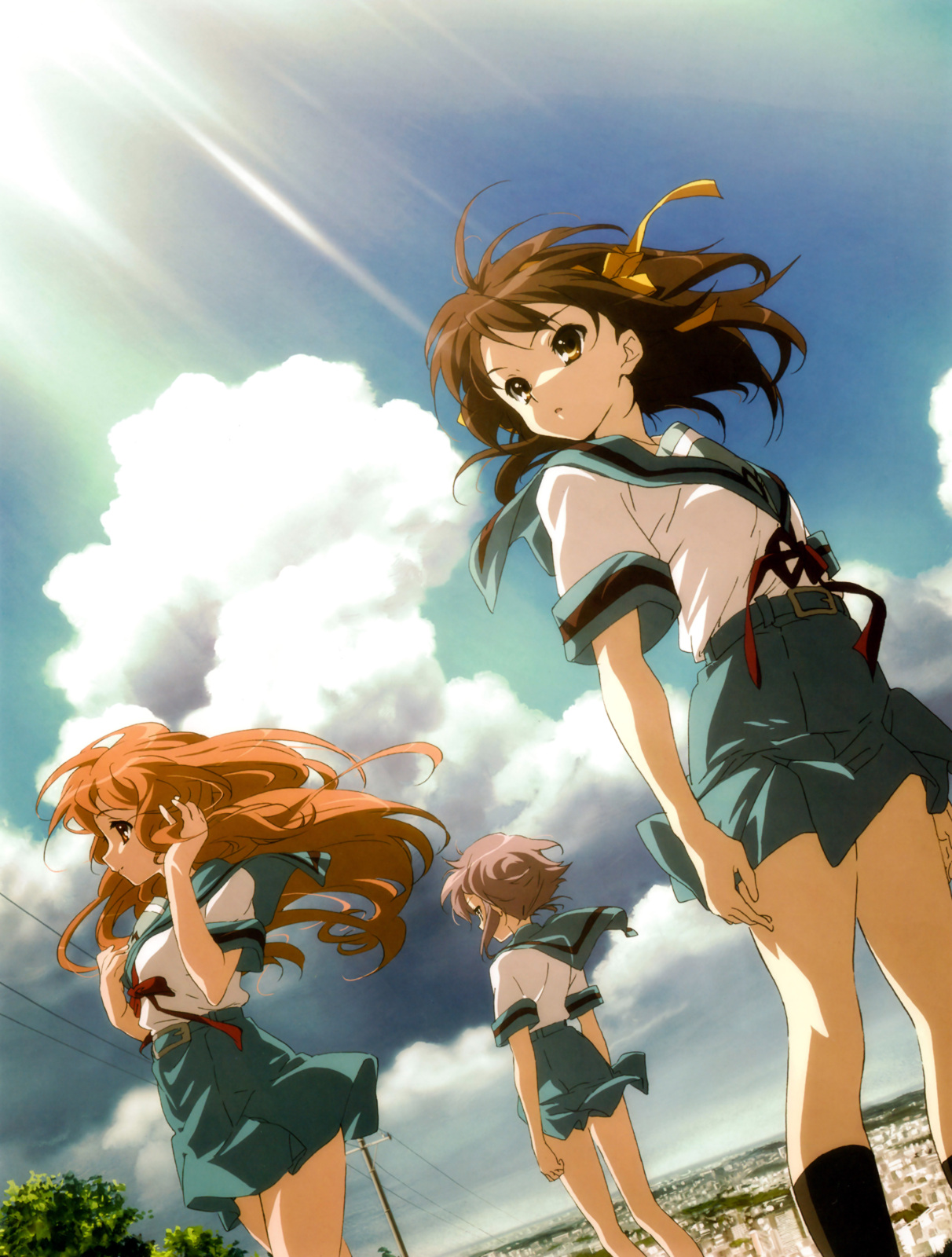 asahina mikuru, nagato yuki, suzumiya haruhi, suzumiya haruhi no yuuutsu, highres, 00s, 3girls, brown eyes, brown hair, city, cloud, day, long hair, multiple girls, ribbon, school uniform, serafuku, short hair, sky, wind