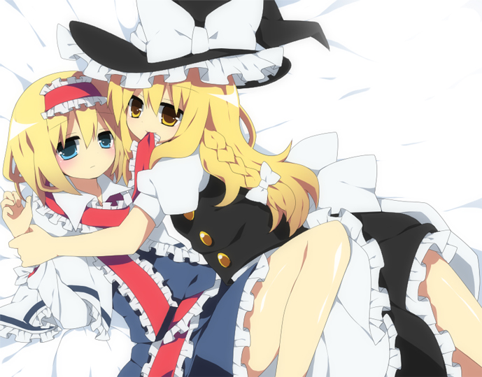 soranagi, alice margatroid, kirisame marisa, touhou, bad id, bad pixiv id, 2girls, blonde hair, braid, female focus, hairband, hat, long hair, multiple girls, ribbon, short hair, witch, witch hat, yellow eyes