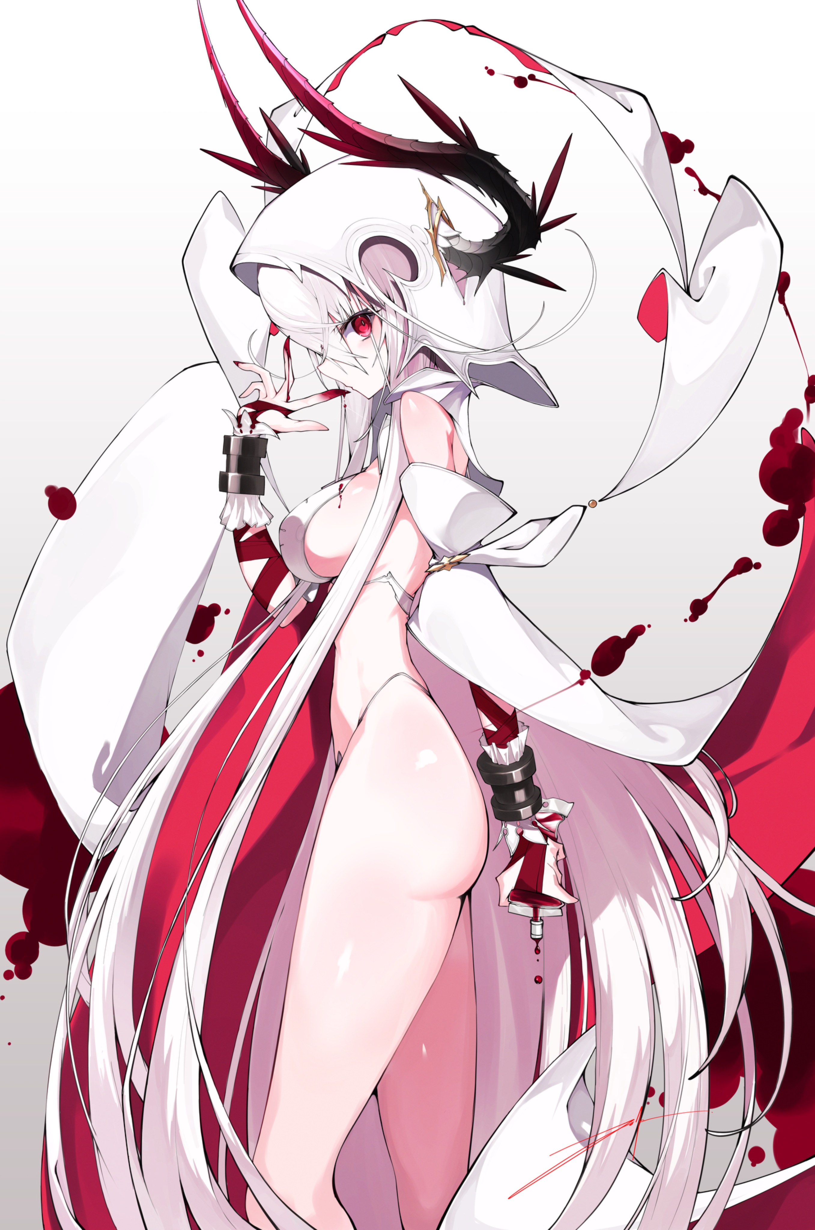 yonagi white, original, absurdres, commentary, highres, 1girl, ass, bare shoulders, blood, blood bag, blood drop, blood on hands, breasts, closed mouth, cowboy shot, detached hood, detached sleeves, fingernails, from side, hair between eyes, hand up, highleg, holding, hood, hood up, horns, large breasts, long fingernails, long hair, looking at viewer, metal wrist cuffs, nail polish, profile, red eyes, red horns, red nails, red ribbon, revealing clothes, ribbon, sideboob, simple background, solo, standing, thighs, thong, very long hair, white background, white hair, white sleeves, wrist cuffs