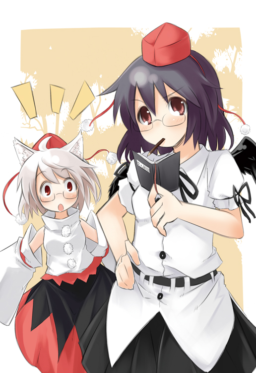 mukunoki nanatsu, nanatsu, inubashiri momiji, shameimaru aya, touhou, bad id, bad pixiv id, 2girls, animal ears, bespectacled, black hair, black wings, blush, detached sleeves, female focus, glasses, hat, multiple girls, red eyes, short hair, tokin hat, white hair, wings, wolf ears
