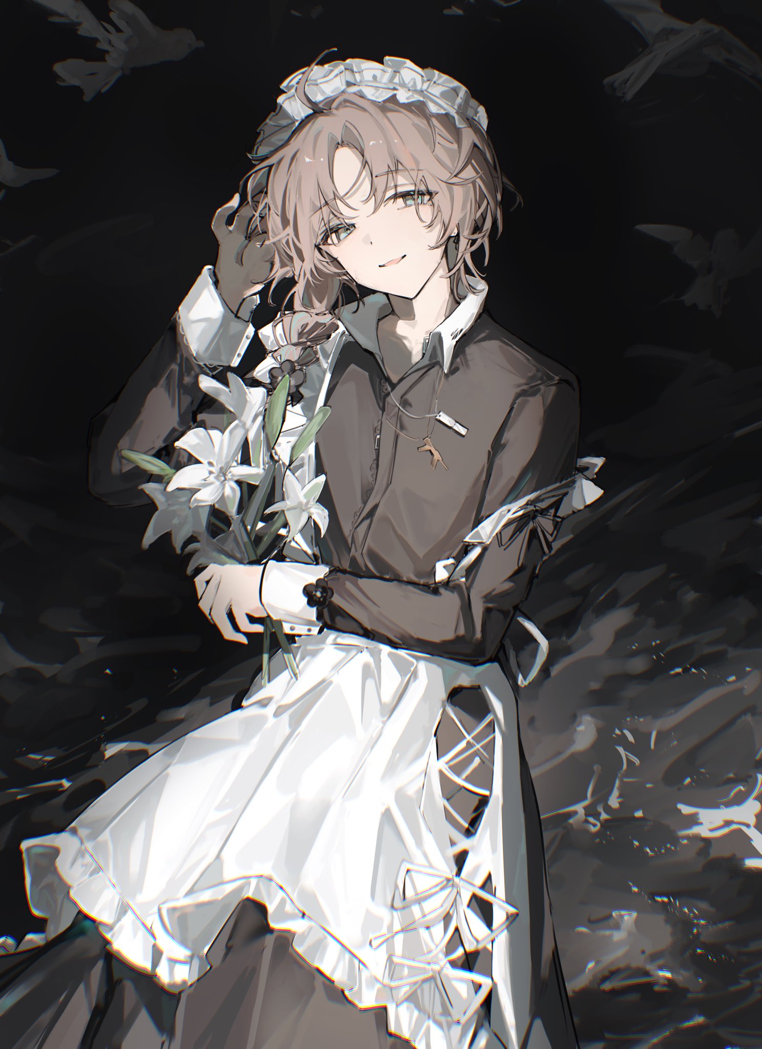 kanae (19th costume) (nijisanji), kanae (nijisanji), nijisanji, commentary request, highres, 1boy, apron, aqua eyes, bird, black dress, braid, brown hair, crossdressing, crossdressing (mtf), crow, dark, dress, flower, gloves, jewelry, light smile, lily (flower), long hair, long sleeves, looking at viewer, maid, maid apron, maid headdress, male focus, male maid, necklace, night, ocean, official alternate costume, single braid, single glove, sleeve cuffs, solo, toripii (tori pippi 07), virtual youtuber