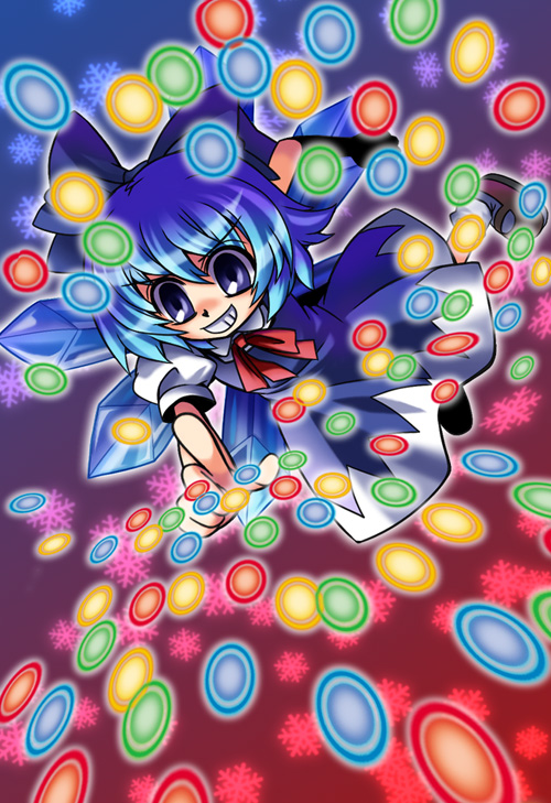 ohmi takamura, cirno, embodiment of scarlet devil, touhou, bad id, bad pixiv id, blue eyes, blue hair, bow, danmaku, grin, hair bow, short hair, smile, snowflakes, solo, wings