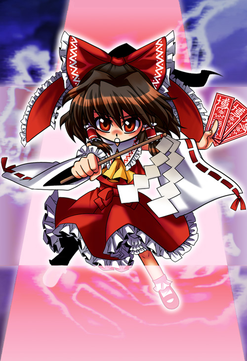 ohmi takamura, hakurei reimu, touhou, bad id, bad pixiv id, 1girl, bow, brown hair, detached sleeves, female focus, full body, gohei, gradient background, hair bow, japanese clothes, miko, ofuda, red eyes, short hair, solo