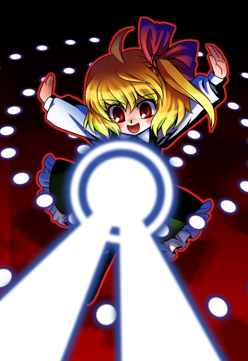 ohmi takamura, rumia, embodiment of scarlet devil, touhou, bad id, bad pixiv id, 1girl, blonde hair, danmaku, dark, dress, female focus, hair ribbon, open mouth, red eyes, ribbon, short hair, solo