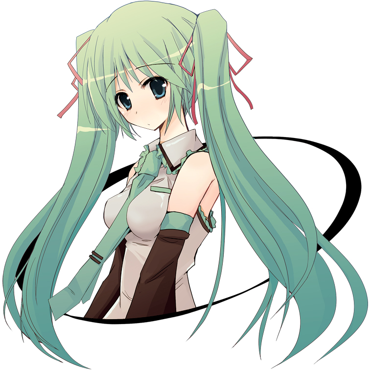 rikudou inuhiko, hatsune miku, vocaloid, 1girl, breasts, detached sleeves, female focus, green eyes, green hair, long hair, matching hair/eyes, necktie, simple background, solo, twintails, very long hair, white background