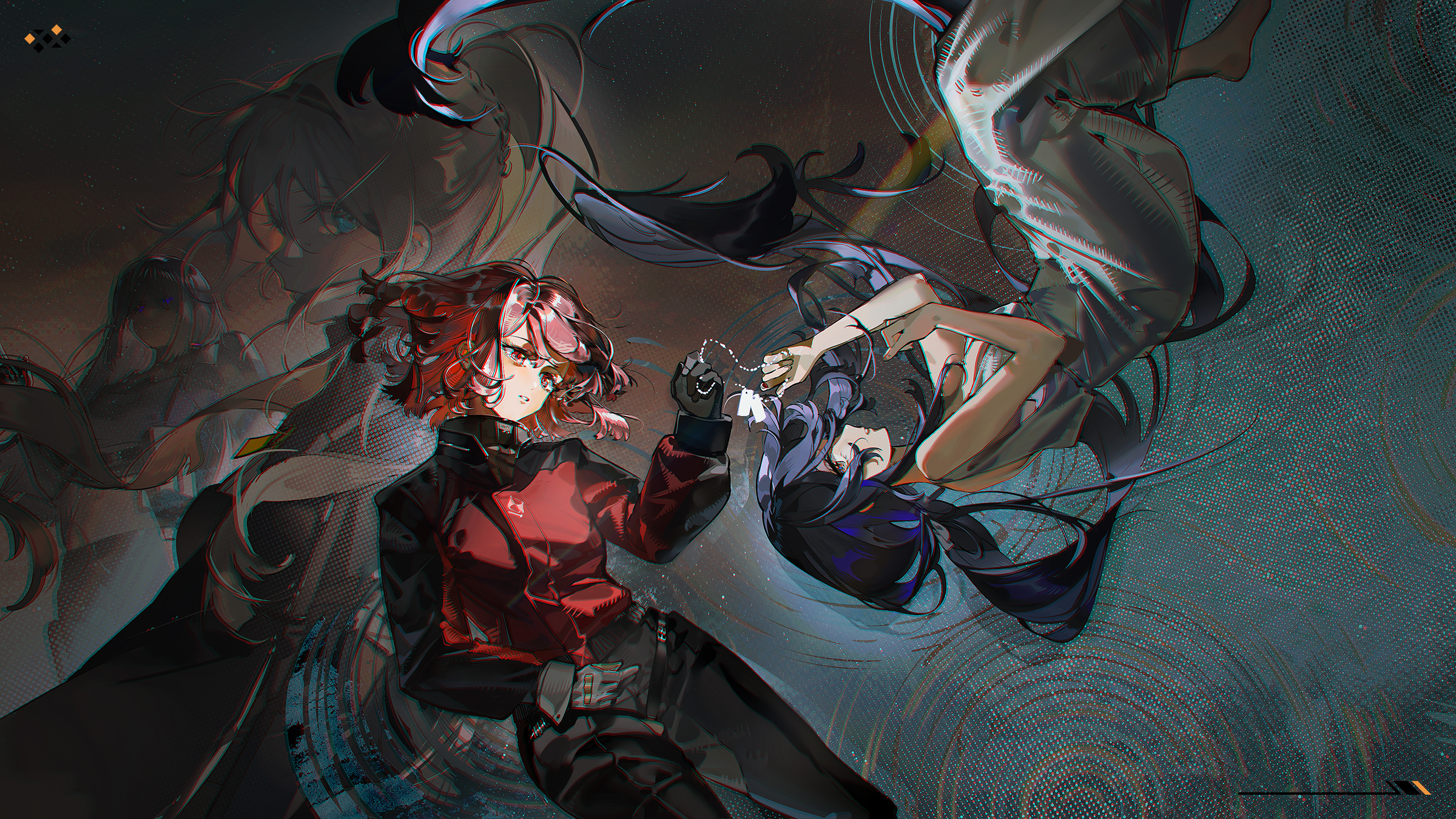 blueblossom, ak-15 (girls' frontline), alva (girls' frontline 2), an-94 (girls' frontline), angelia (girls' frontline), female commander (girls' frontline), voymastina (girls' frontline 2), girls' frontline, girls' frontline 2: exilium, commentary, english commentary, highres, 4girls, aqua eyes, barefoot, black eyes, black hair, black jacket, black pants, blonde hair, dog tags, dress, feet, gloves, grey gloves, jacket, long hair, looking at another, looking at viewer, multicolored jacket, multiple girls, pants, parted lips, pink hair, red eyes, red jacket, ripples, short hair, two-tone jacket, very long hair, white dress, white hair