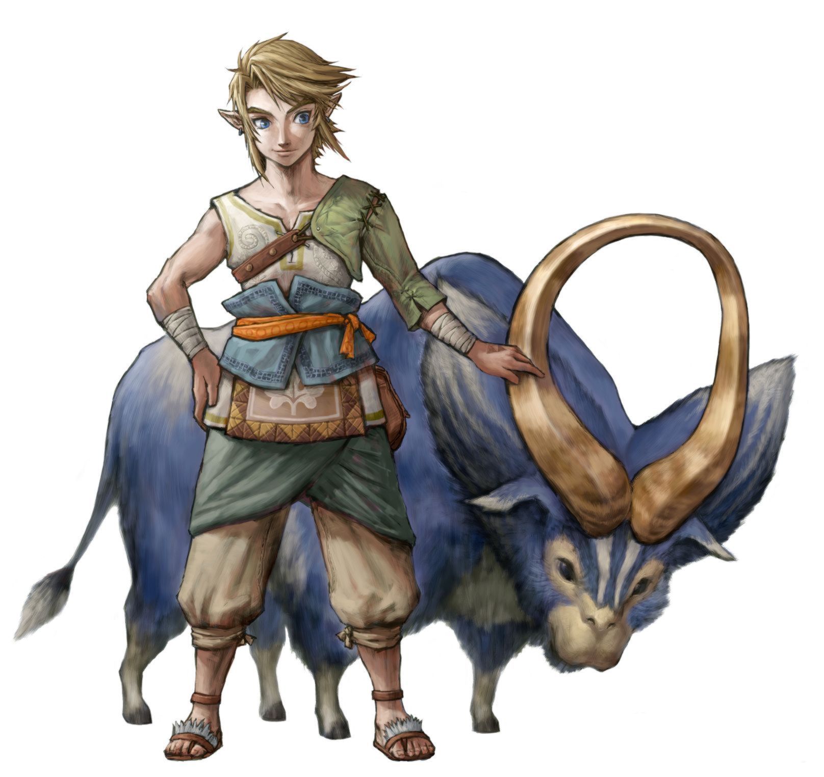 link, nintendo, the legend of zelda, the legend of zelda: twilight princess, highres, official art, 1boy, animal, blonde hair, blue eyes, earrings, goat, horns, jewelry, male focus, pointy ears, smile, solo