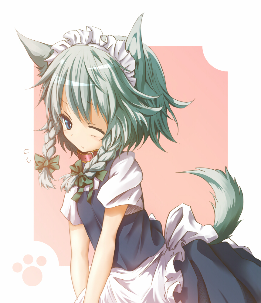 eto, inu sakuya (nejikirio), izayoi sakuya, touhou, bad id, bad pixiv id, colorized, 1girl, animal ears, aqua hair, blue eyes, bow, braid, collar, dog ears, dog tail, female focus, hairband, kemonomimi mode, one eye closed, solo, tail, twin braids, wink