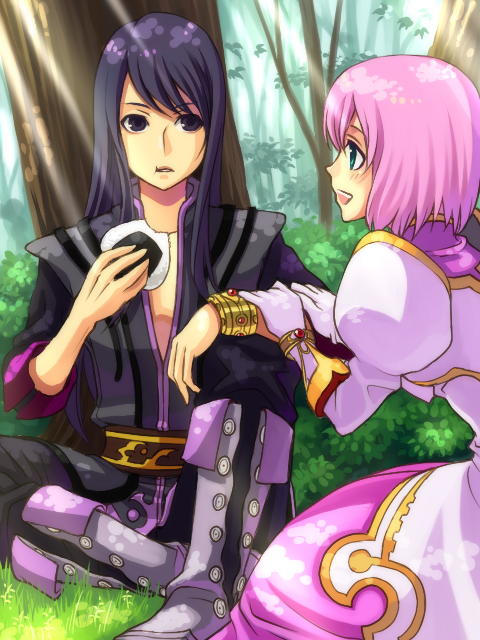 frontier town, estellise sidos heurassein, yuri lowell, tales of (series), tales of vesperia, grey footwear, 00s, 1boy, 1girl, black eyes, black hair, boots, bracelet, food, gloves, green eyes, jewelry, knee boots, long hair, nature, onigiri, pink hair, short hair, sleeves rolled up, smile