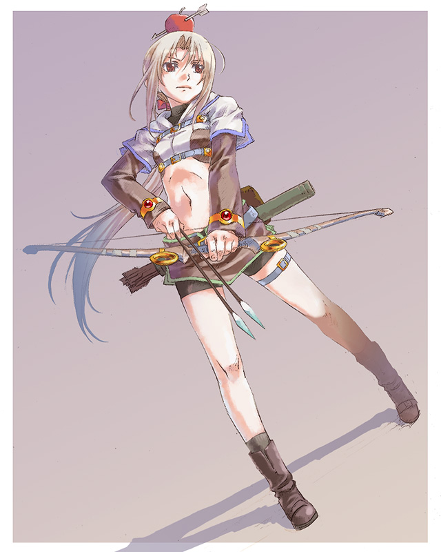 nyaou, hunter (ragnarok online), ragnarok online, looking away, 1girl, apple, arrow (projectile), belt, bike shorts, blonde hair, boots, bow (weapon), female focus, food, food as clothes, fruit, full body, hunter, long hair, midriff, navel, ponytail, red eyes, serious, solo, standing, thigh strap, weapon, white hair