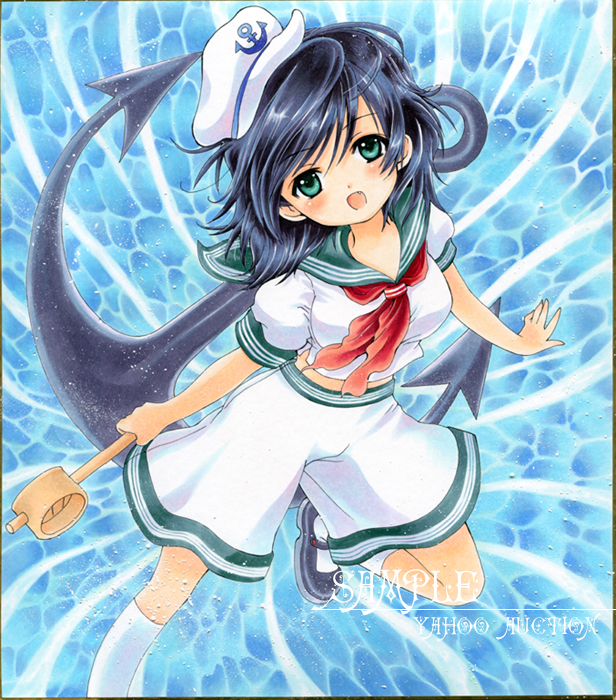 sakurai tamako, tama tamako sakurai, murasa minamitsu, touhou, 1girl, anchor, black hair, fang, female focus, ghost, green eyes, hat, sailor, sailor hat, shikishi, short hair, solo