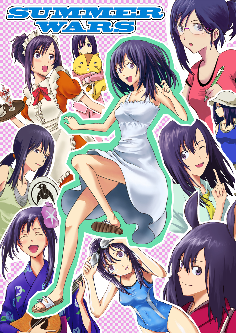 kaeru314, kaeru (kaerism), koiso kenji, shinohara natsuki, summer wars, highres, 00s, 1girl, animal ears, blue hair, dress, flower, glasses, hand fan, hat, instrument, japanese clothes, maid, multiple persona, necktie, one-piece swimsuit, pen, purple eyes, smile, stuffed animal, stuffed toy, sundress, swimsuit, tray