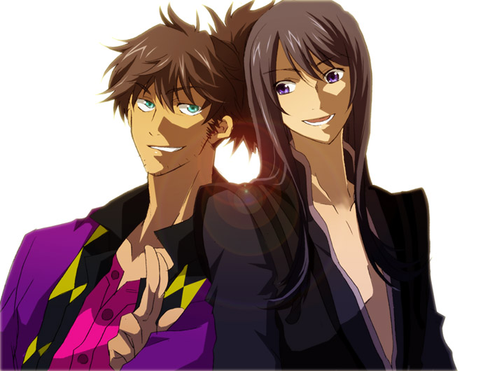 dorina, raven (tales), yuri lowell, tales of (series), tales of vesperia, 00s, 2boys, black hair, green eyes, grin, long hair, male focus, multiple boys, ponytail, purple eyes, smile