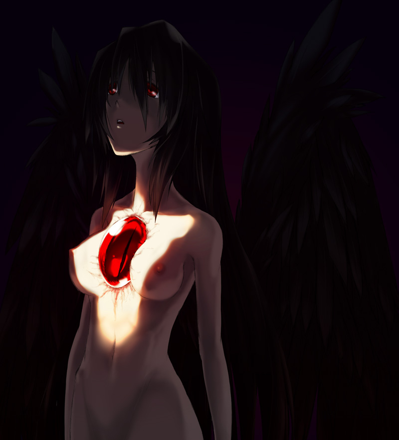 y/n, reiuji utsuho, touhou, 1girl, black hair, breasts, dark, eye focus, female focus, large breasts, long hair, nipples, nude, red eyes, solo, third eye, wings